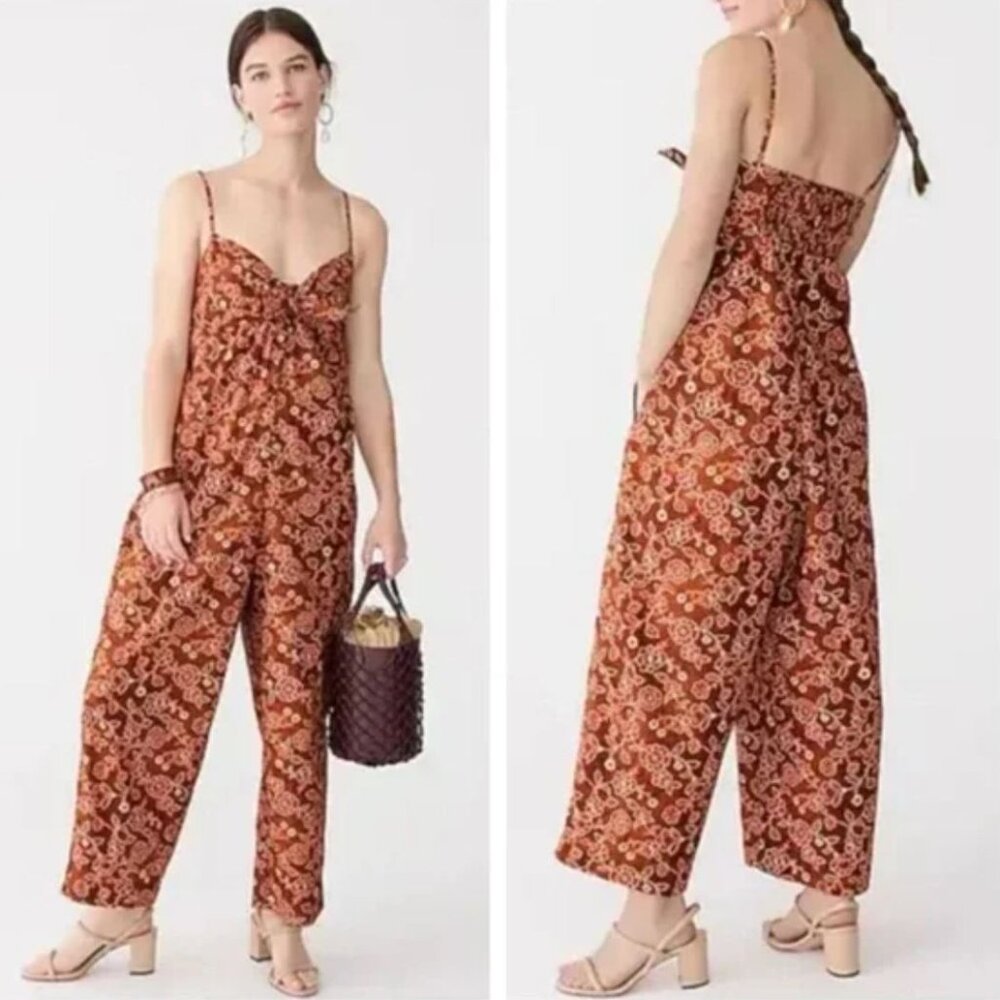 J. Crew | Tie-Front Jumpsuit in Vintage Vines Rust Brown | Size 8